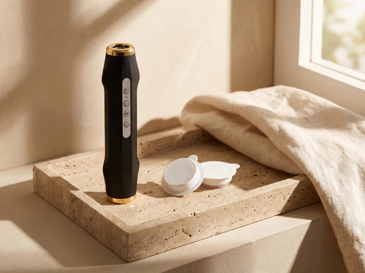 SkinFusion device and pods on a bathroom tray