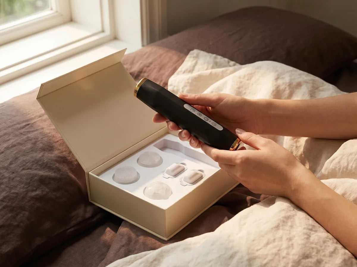 Hands lifting the SkinFusion device from the open Glow System box, heads and pods nested below