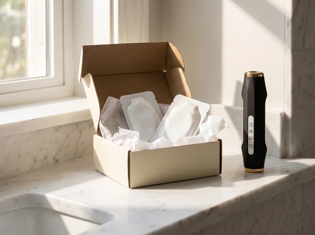 A Glow Club refill box opened on a marble ledge beside the SkinFusion device