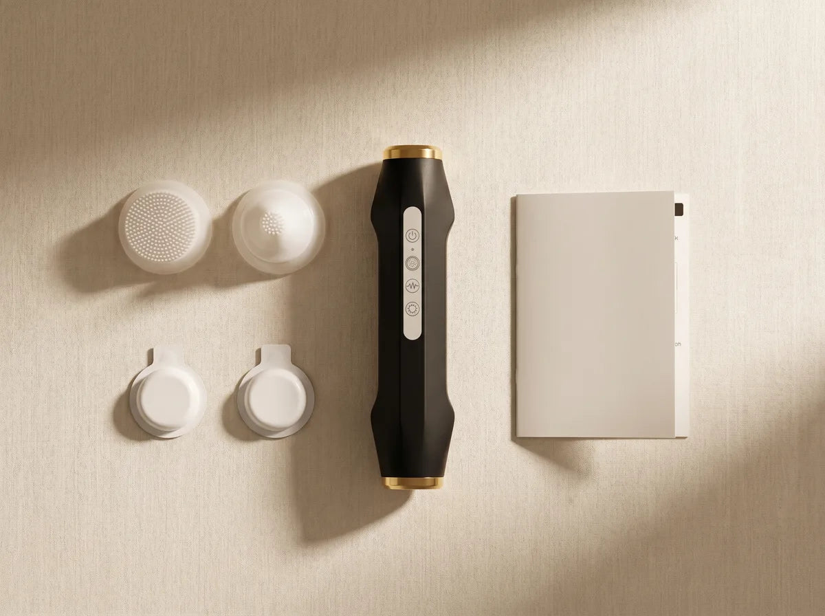 The SkinFusion Glow System laid out: device, head attachments, OxyPod packs and ritual guide